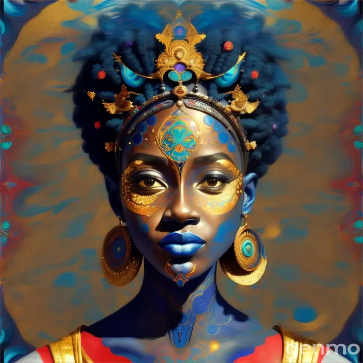 a painting of a woman with a blue face and a colorful head, afrofuturism, afrofuturism style, afrofuturist, elaborate digital art, black art, afro futurism, intricate face, intricate beautiful faces, african arts, afrocentric mysticism, beautiful intricate face, afro - futurist style, stunning artwork, gorgeous art, abstract portrait, intricate detailed face, intricate oil painting artwork Beautiful symmetrical full body photo painted in oil with thick brushstrokes and wet paint, Fibonacci, golden ratio, melted wax, visible brushstrokes, surrounded by crystal spheres, 3D tessellation wireframe, neural graphic, neurons, tree of life, color, love, passion, oil on canvas, thick brushstrokes, insanely detailed, 8k uhd, masterpiece, artstation, surreal