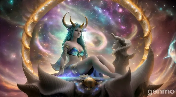 A horned goddess sitting on a seashell throne on a cosmic, shimmering sea, with stars and galaxies surrounding her