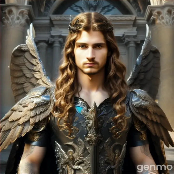 Create an adult black angel man with long, curly blond hair at the end 