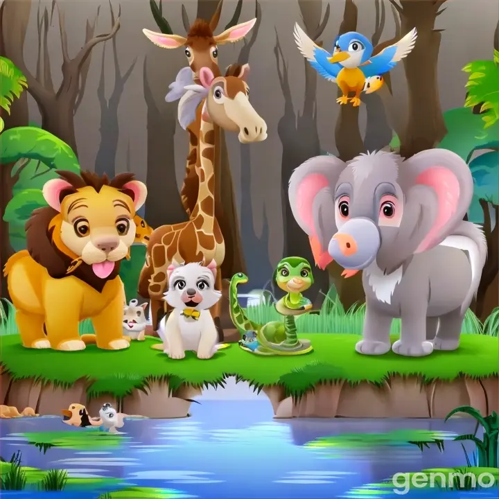 a group of animals standing in front of a river