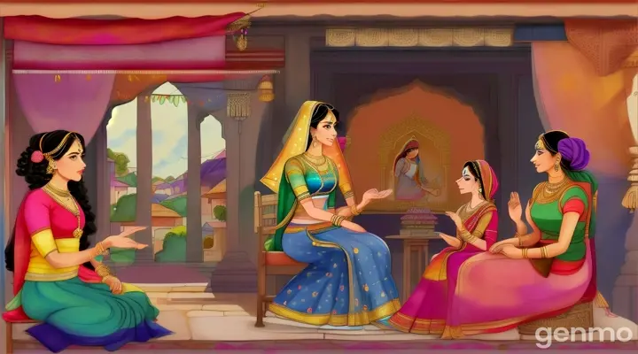 Royal Women in saree talking to tailor women in village cartoon 