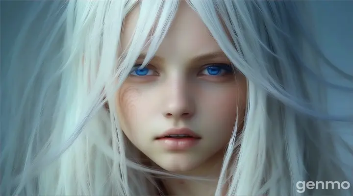 a woman with white hair and blue eyes