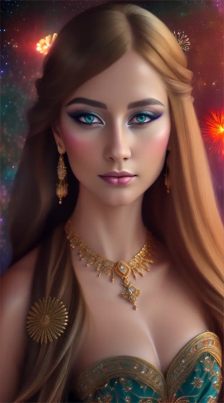 Mujeres bellas nórdicas look opulento y elegante. Background galaxy nebulosa y fuegos artificiales...
