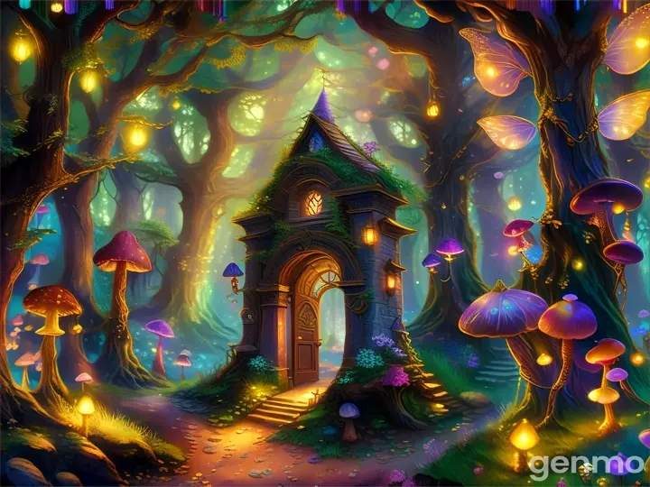 Doorway in a Magical Mushroom Fairy Forest, 8K, Photo Realistic, Cinematic Lighting,