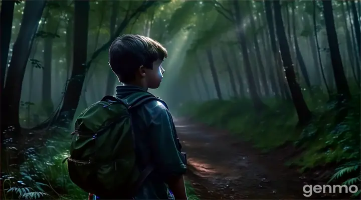 A brave young boy, dressed in simple clothes, trekking through a dense forest with determination in his eyes. His backpack holds essentials, and he grips a glowing map or compass. The forest is dark and eerie, but a soft beam of sunlight peeks through the trees, symbolizing hope. 