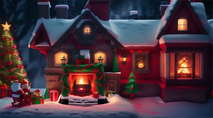 demon santa claus delivering toys, house with fireplace