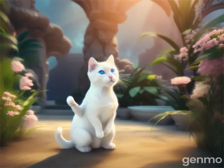 Un très petit chat blanc aux yeux bleus debout dans le creux d une belle main entrain de danser et chanter entourée d un environnement sublime de beauté 