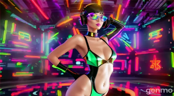 A slender woman with shapely hips and a larger-than-usual bust, wearing steampunk glasses, shiny headphones and a low-cut latex swimsuit, dances near a DJ mixing console and an electric piano in a club. Minimal clothing. Laser beams of bright colors against the backdrop of large television screens.