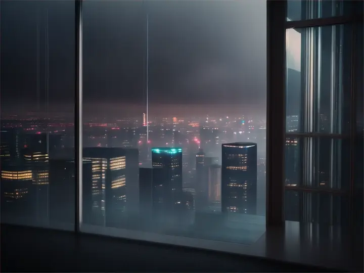 moody aesthetic, beautiful cozy, cramped bedroom with floor to ceiling glass windows overlooking a cyberpunk city at night, view from top of skyscraper, white bedsheets, bookshelves, thunderstorm outside with torrential rain, detailed, high resolution, photorrealistic, dark, gloomy,