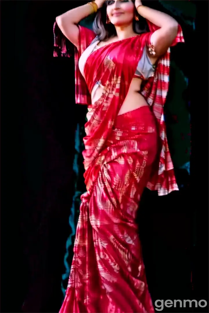 a woman in a red and white sari