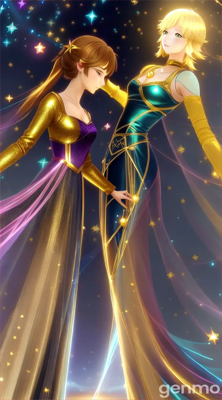 Set Scene: A glowing golden thread connecting two individuals, representing how enemies from past lives can become friends, family, or companions in this life. The figures, though initially distant, now walk side by side, surrounded by light. , 16:9 aspect ratio.