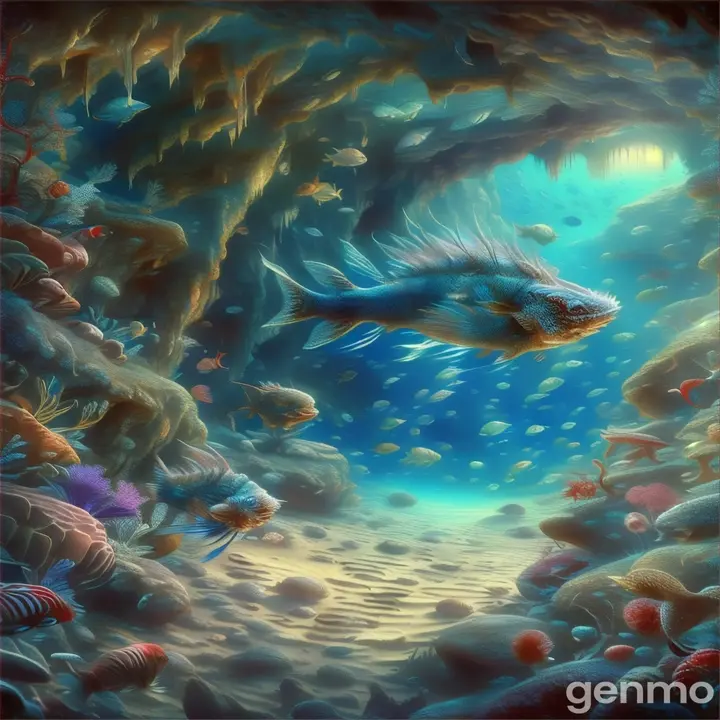 a painting of a fish swimming in a cave