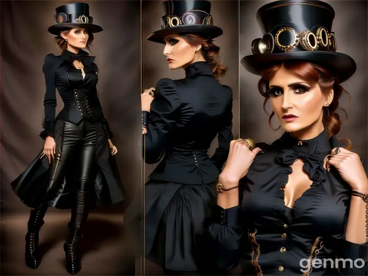 a woman dressed in steampunk fashion is dancing in a music club