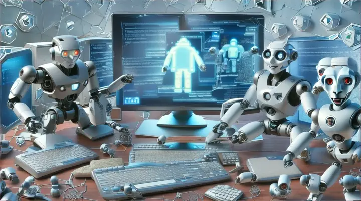 a group of robots standing in front of a computer in the style of Real Photo, hyper-realistic, high dynamic range, rich colors, realistic textures,