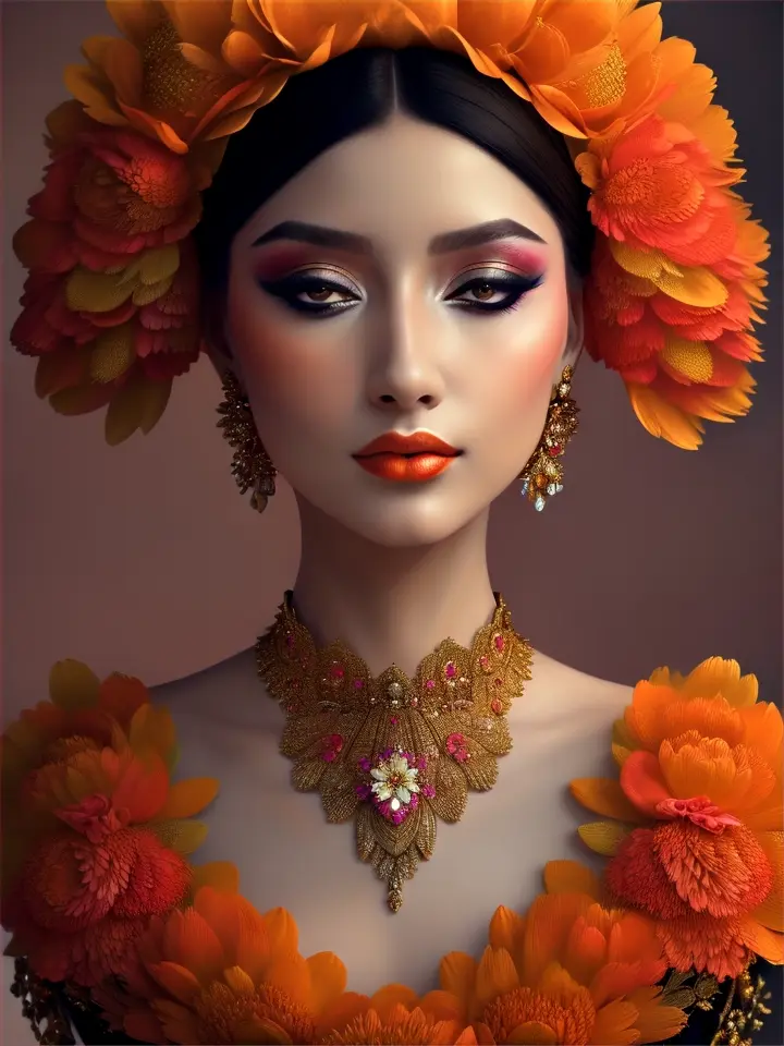 Girl in haute couture outfit surrounded by blooming flora in vibrant orange hues, with surreal elements and fine jewelry.