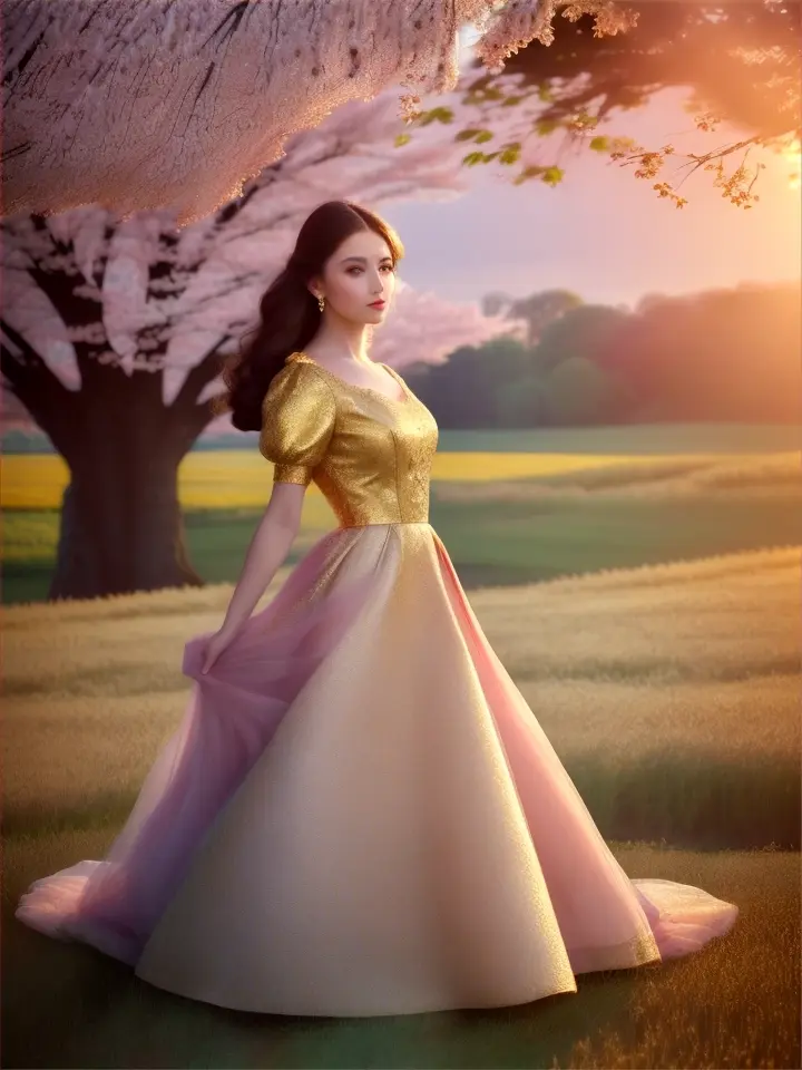 Haute Couture girl standing in golden fields of wheat beneath a canopy of cherry blossom trees at sunrise