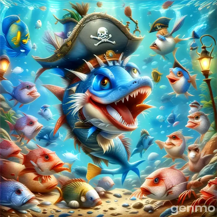 a painting of a fish with a pirate hat IS TALKING