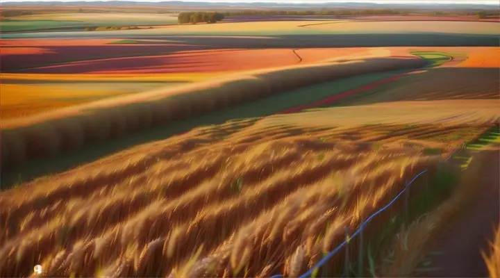 A photo of a vast field of ripe wheat under a clear blue sky. The field is surrounded by a dirt road and a few trees. In the distance, there are buildings. The image has a realistic style and is in ultra-high definition.
