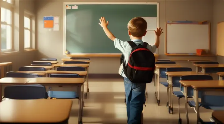 Con lo zaino sulle spalle, il bambino entra timidamente nella sua prima classe, salutando con la mano i genitori che lo osservano dalla porta.