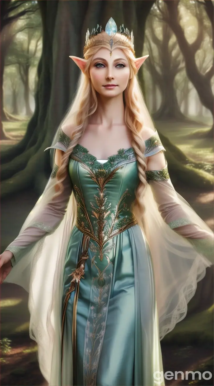 An elven goddess named Galadriel stands by a tree