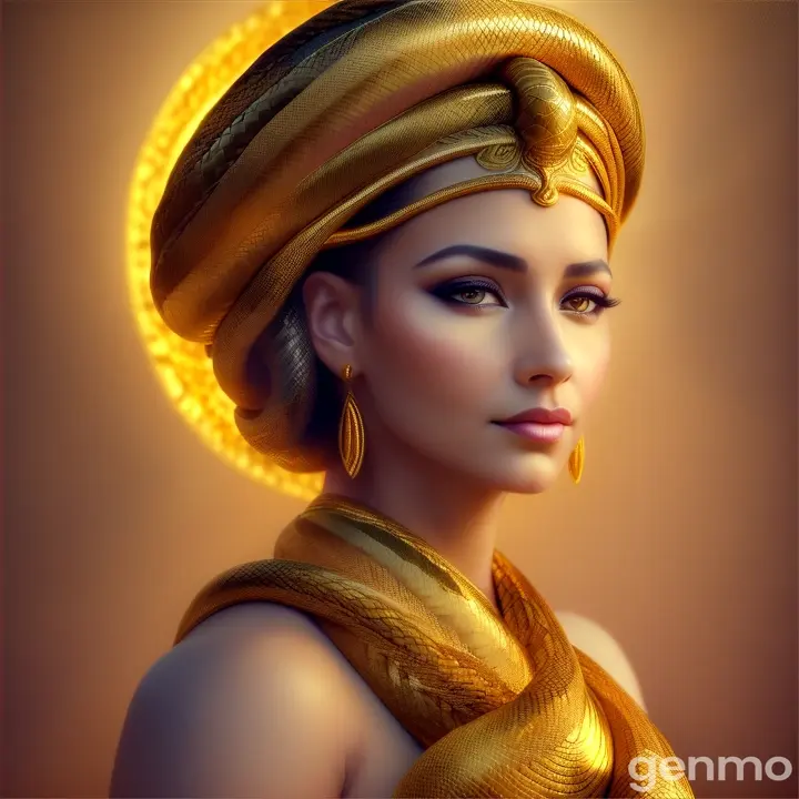 
A woman with a golden snake coiled on her head, bathed in the golden light of the setting sun, wearing a golden dress, maximum detail