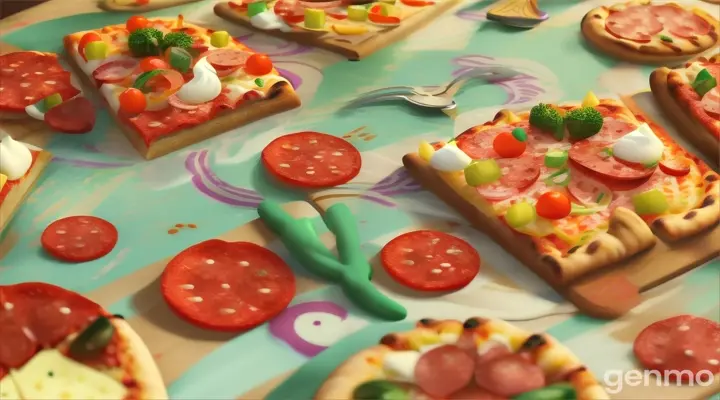 pixar maya disney style pizza wide screen vide frane.