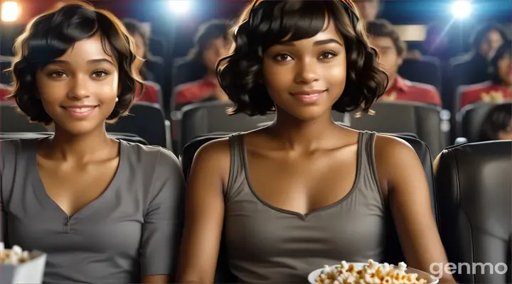 at night, inside movie theater, a happy young man with Fringe long brown hair and a young woman with Black Curly bob cut Hair sitting next to each other with popcorns at front seat in front of crowd of people watching movie