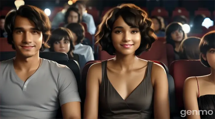 at night, inside movie theater, a happy young man with Fringe long brown hair and a young woman with Black Curly bob cut Hair sitting next to each other with popcorns at front seat in front of crowd of people watching movie