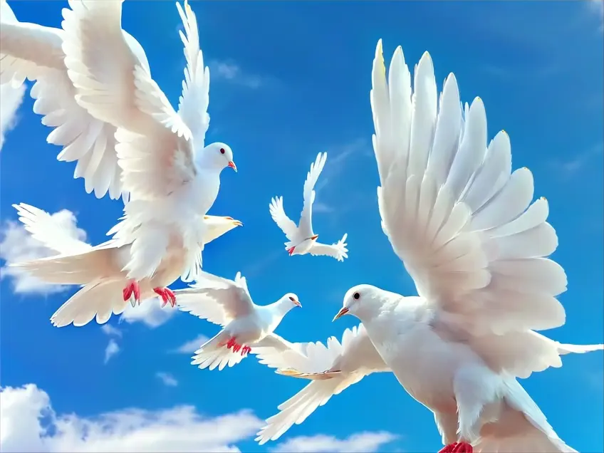 two white doves flying in the blue sky