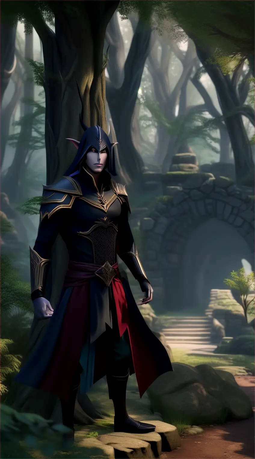 A dark elf stands outside his palace in a dense forest