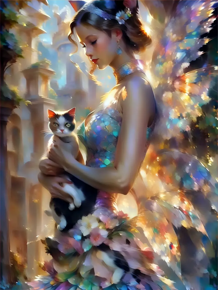 a painting of a woman holding a cat