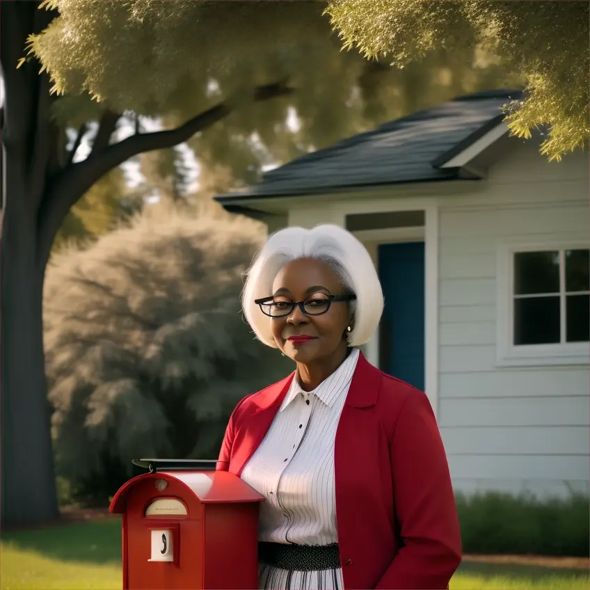 an older pretty black woman wearing glasses with white hair is standing by a red mailbox with trees and grass in front of her house