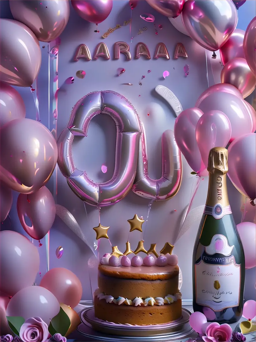 a bottle of champagne next to a cake and balloons