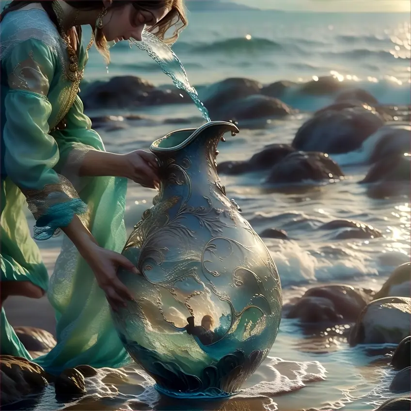 a woman is trying to  pour the entire ocean water into a vase