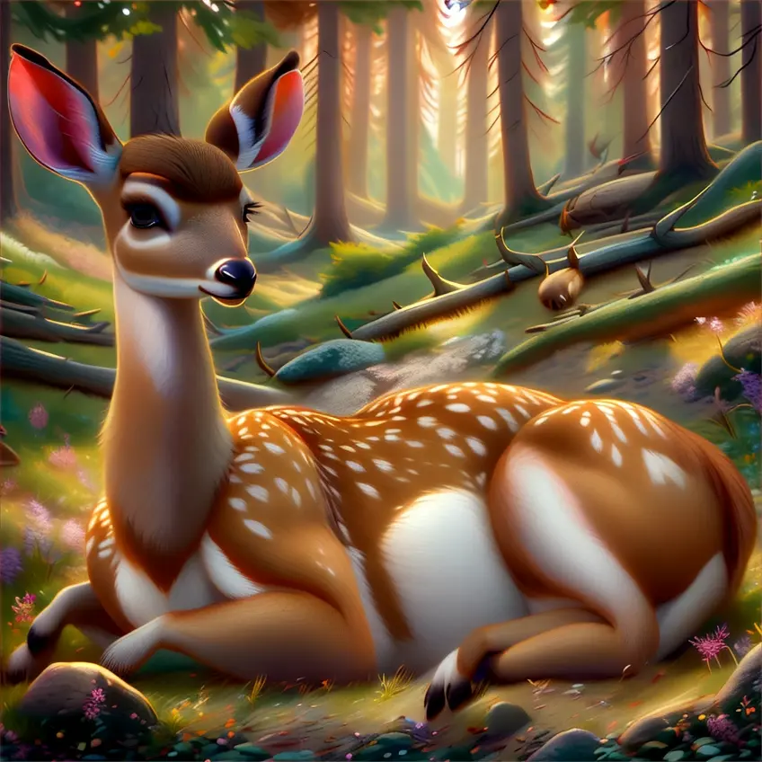 a deer laying down in the middle of a forest