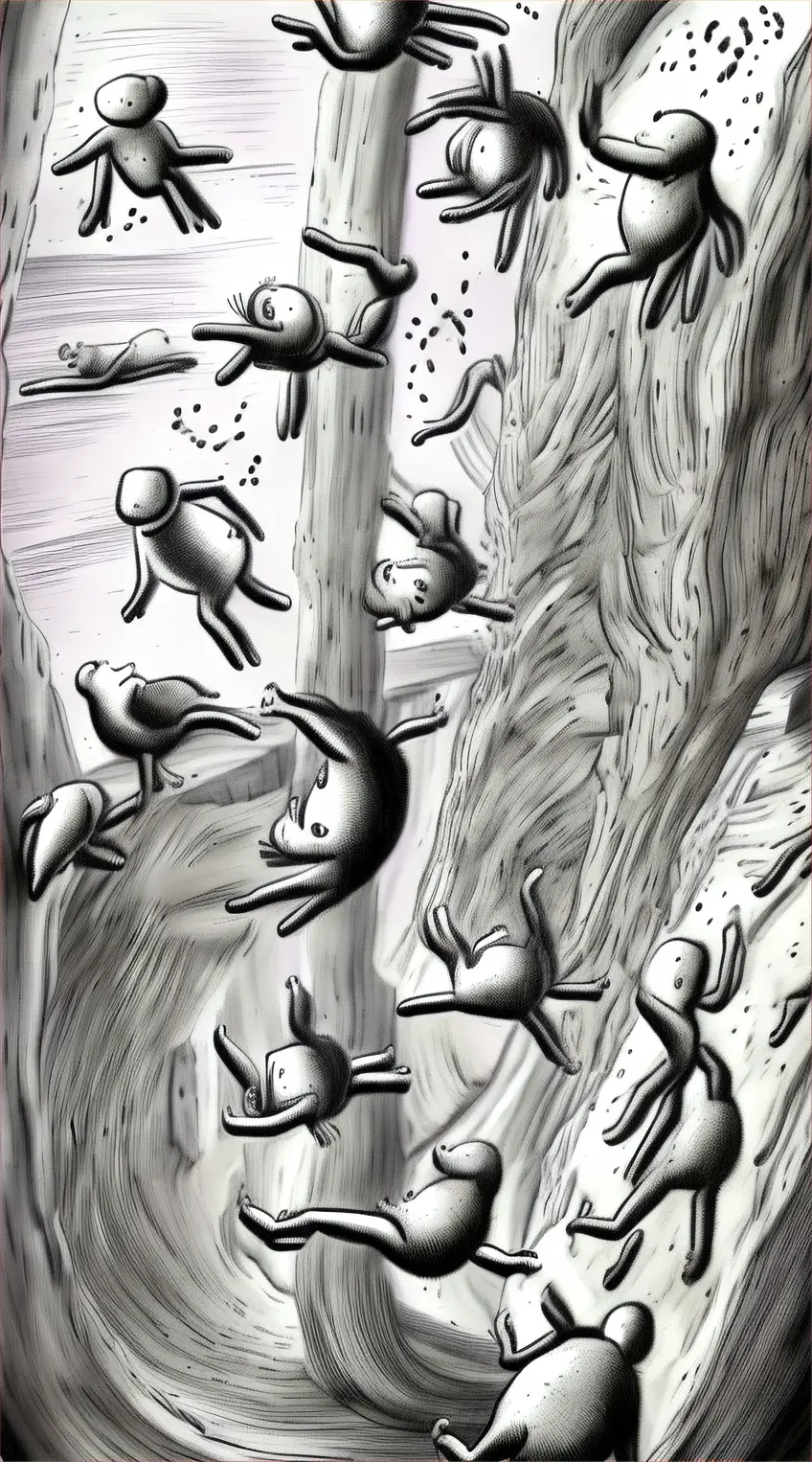 Create a black-and-white cartoon video of characters falling down and getting back