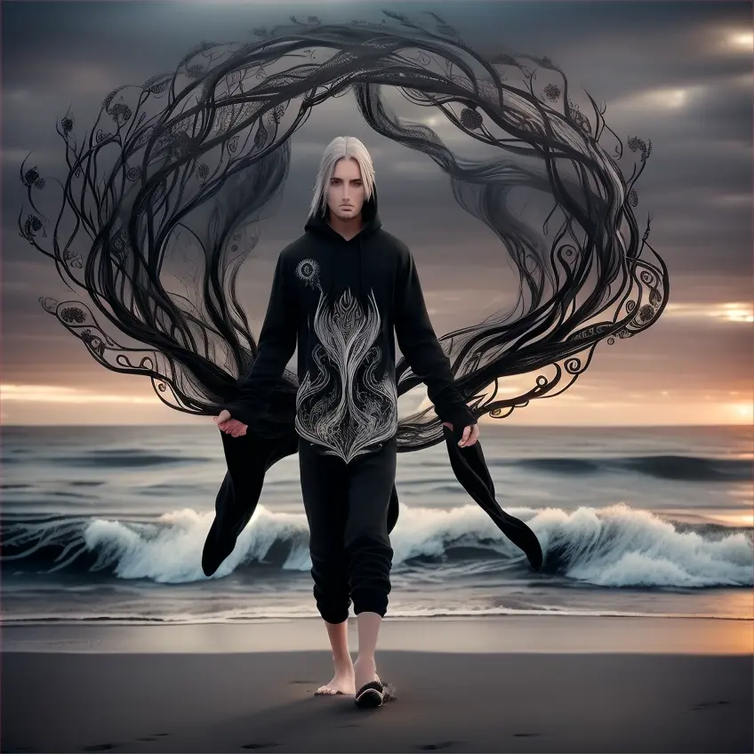 Create a surreal image of a person with long, flowing silver hair walking along a dark, moody beach. The person is wearing a black hoodie with an intricate, mystical design on the front. On one side of the person, depict black roses with swirling vines, while on the other side, illustrate fiery elements and smoke blending into the background. The scene should convey a sense of mystery and contrast between the natural and supernatural elements. The overall atmosphere should be dramatic and captivating, with a balance of dark and fiery tones.