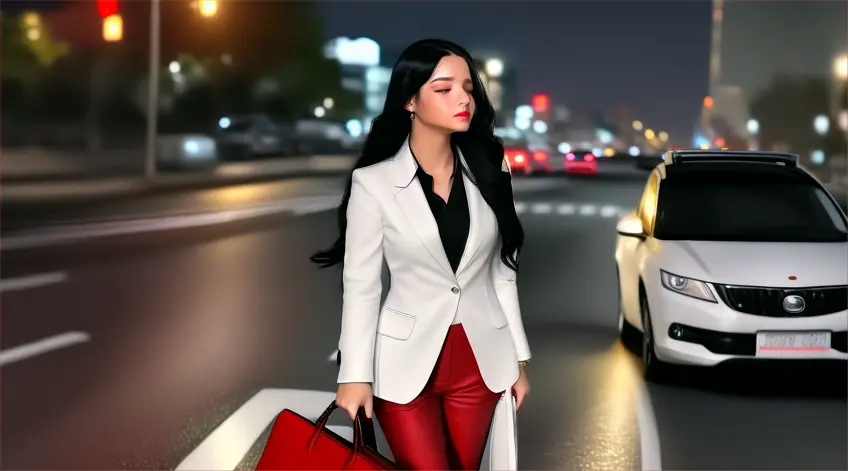 at night in the city, a crying woman with Long wavy Black Hair in a white business suit and black undershirt carrying a red handbag purse crying with tiers on her cheeks walking across the road in front of white SUV car