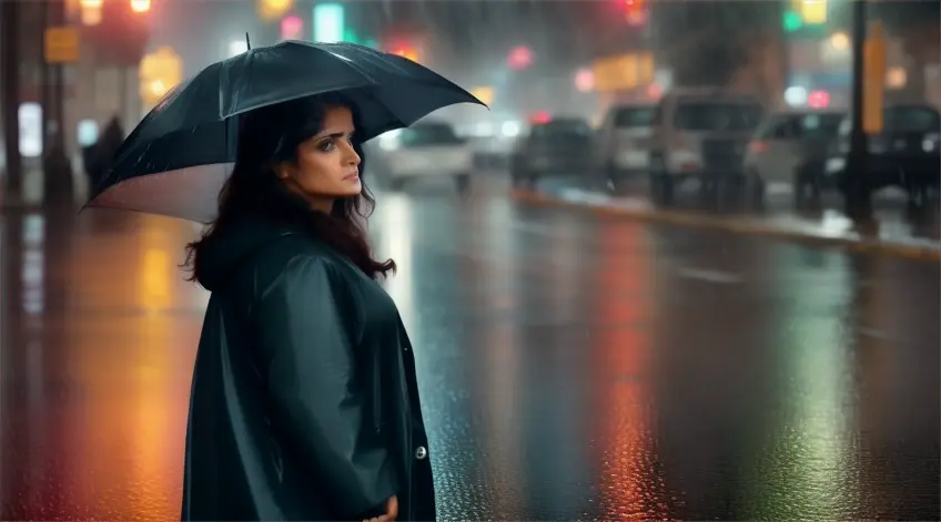 A sad woman who looks like Salma Hayek walks down a night city street in a raincoat in the rain