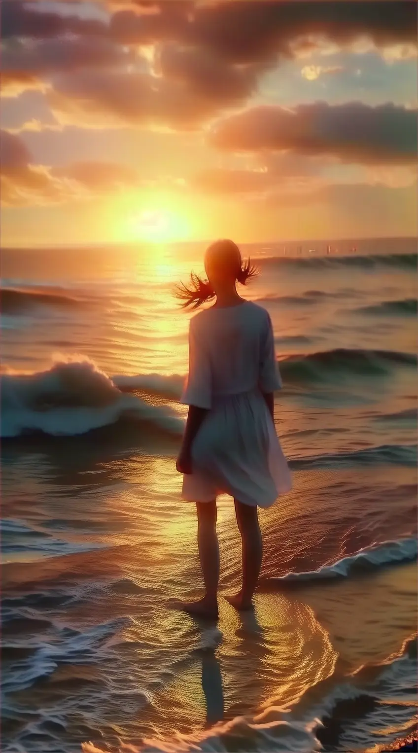 a woman standing on a beach at sunset