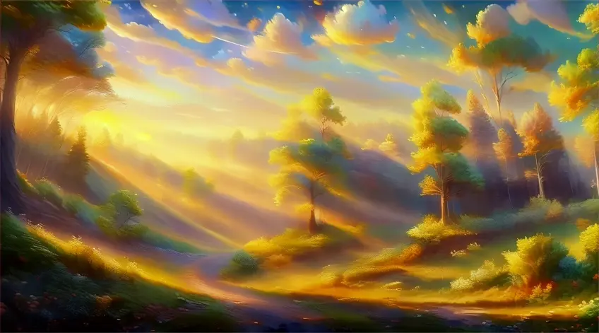 a painting of a forest at sunset