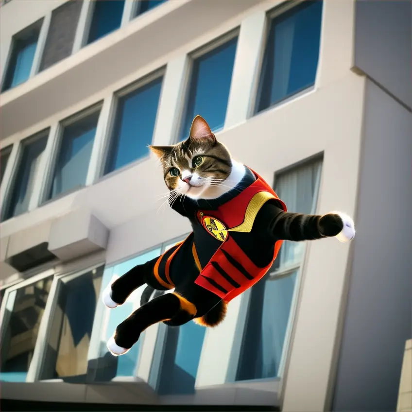 a cat in a super hero costume falling from a tall building, windows streak by.