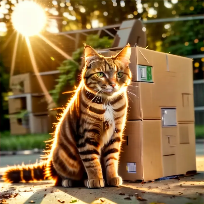 a cat sitting on the ground next to a box