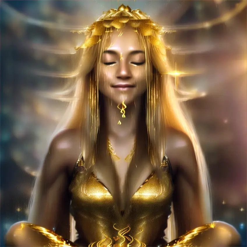 A (((beautiful girl))) with ((long, flowing blond hair)), seating and meditating in lotus pose on a ((golden cloud)), as a (softly flowing abundance of (((golden sparkles))), resembling a (((rain shower))), cascades around her, with individual droplets reflecting off her skin and hair, creating a serene play of light and shadow