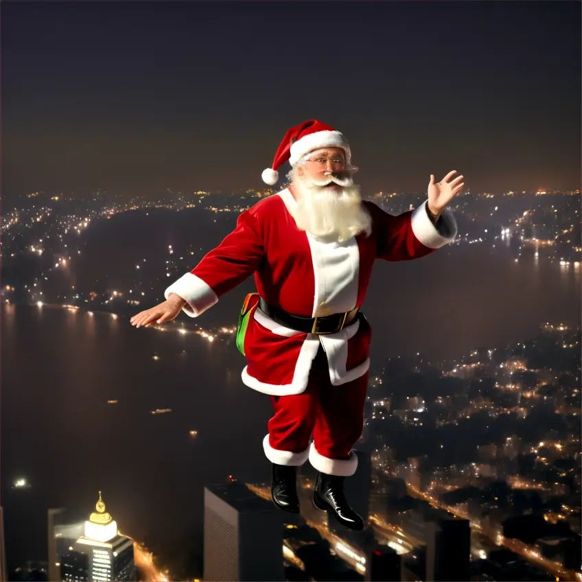 Santa Claus con su trineo de noche volando sobre la ciudad
