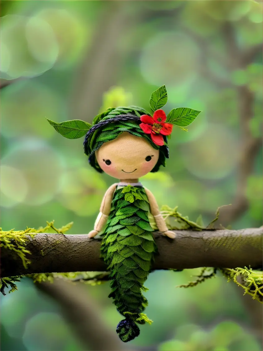 a little doll is sitting on a tree branch