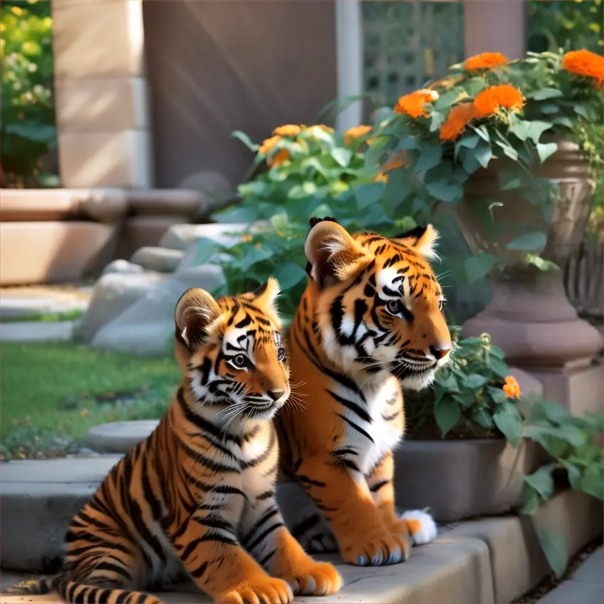 An orange little kitten sits next to a tiger cub in city garden