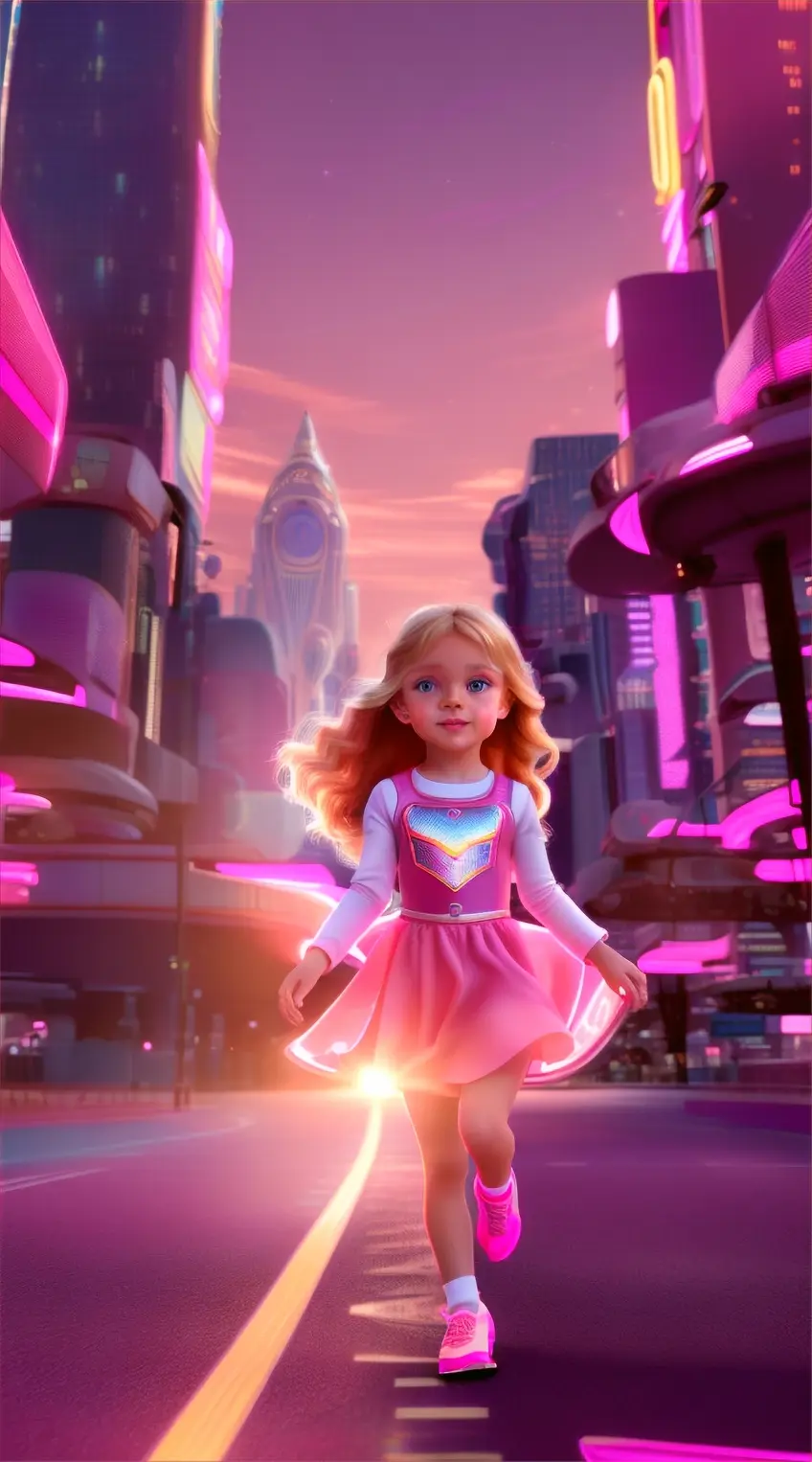 A little girl of 4 years age is running in a futuristic city of USA, wearing a beautiful unique outfit in 2068 of pink and white colour, she is extremely cute and beautiful with long wavy golden hair,fair, rosy cheeks, the background is glowing lighting, sd, Alchemy, two cars are flying in sky as it is futuristic city of USA, neon lighting blue and red, perfect prominent features of the girl with correct number of hands feet and fingers, it should be a 100% perfect and professional unique video, with perfect animations and movements, everything should be very clear,the little girl is running towards us, full front view of the girl, 9:16 ratio