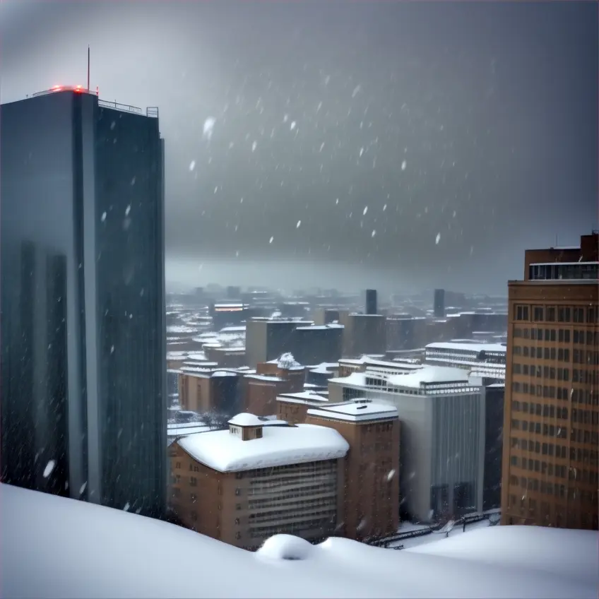 View of snow falling on a city during the day