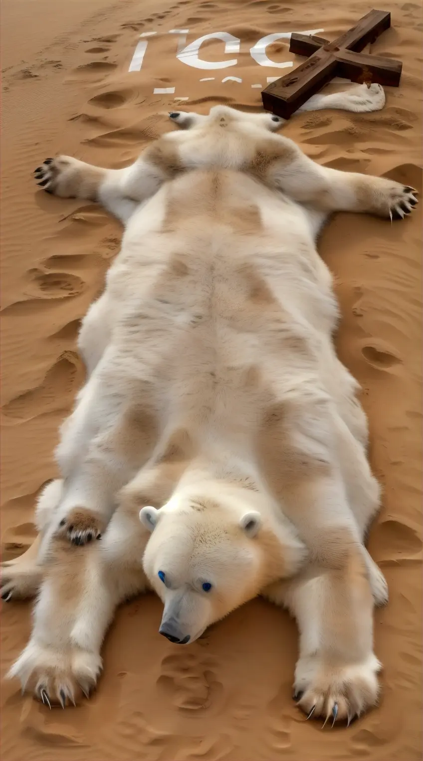 a polar bear laying in the sand next to a cross